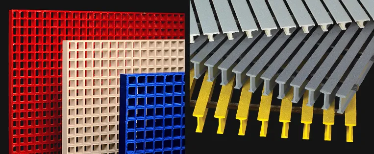 FRP pultruded grating installation showing mounting clips and support structure