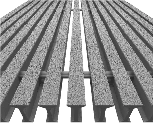 Close-up of FRP pultruded I-bar grating profile with bearing bars and cross bars detail